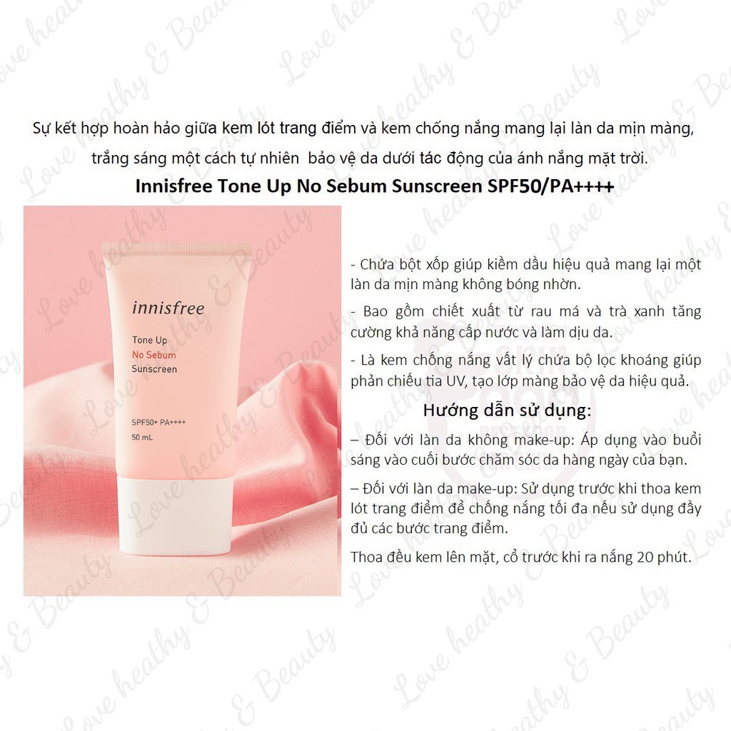 [Mẫu Mới] Kem Chống Nắng Kiềm Dầu Nâng Tone Da Trắng Hồng Innisfree No Sebum Tone Up SPF50+ Bảo Vệ Da Tốt Chống Tia UV