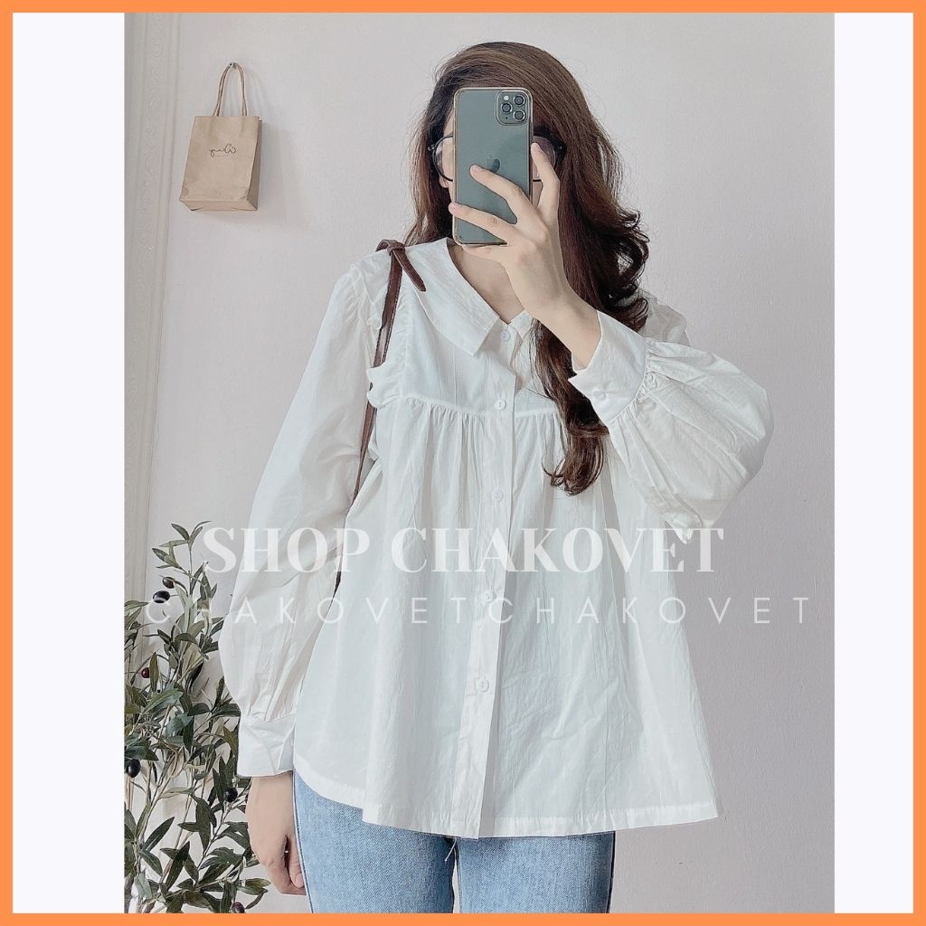 Áo sơ mi nữ dài tay form rộng CKA872, kiểu áo nữ cổ bẻ dáng babydoll trắng tiểu thư vai bèo mặc đi làm, đi học, đi chơi