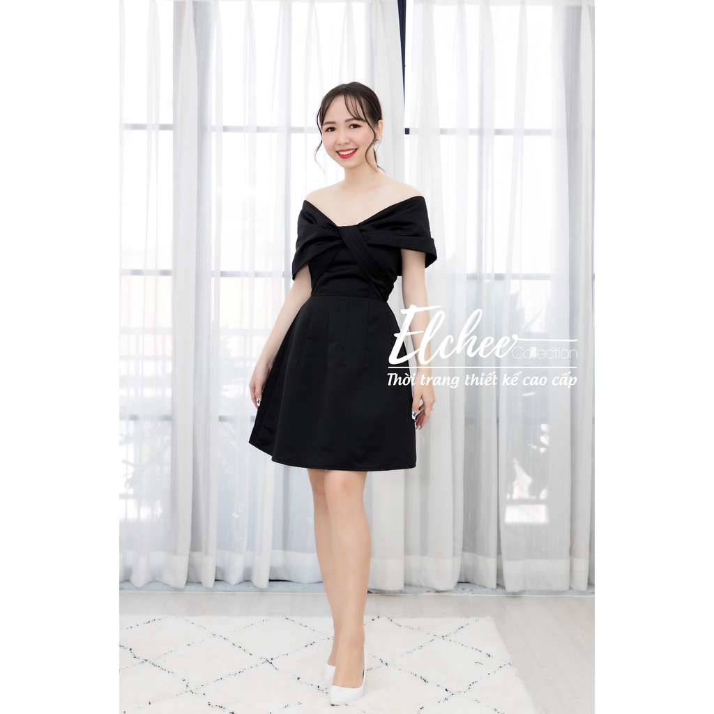 Đầm Đen Trễ Vai - Đầm màu đen trễ vai đầm xòe thiết kế cao cấp Elchee Collection | BigBuy360 - bigbuy360.vn