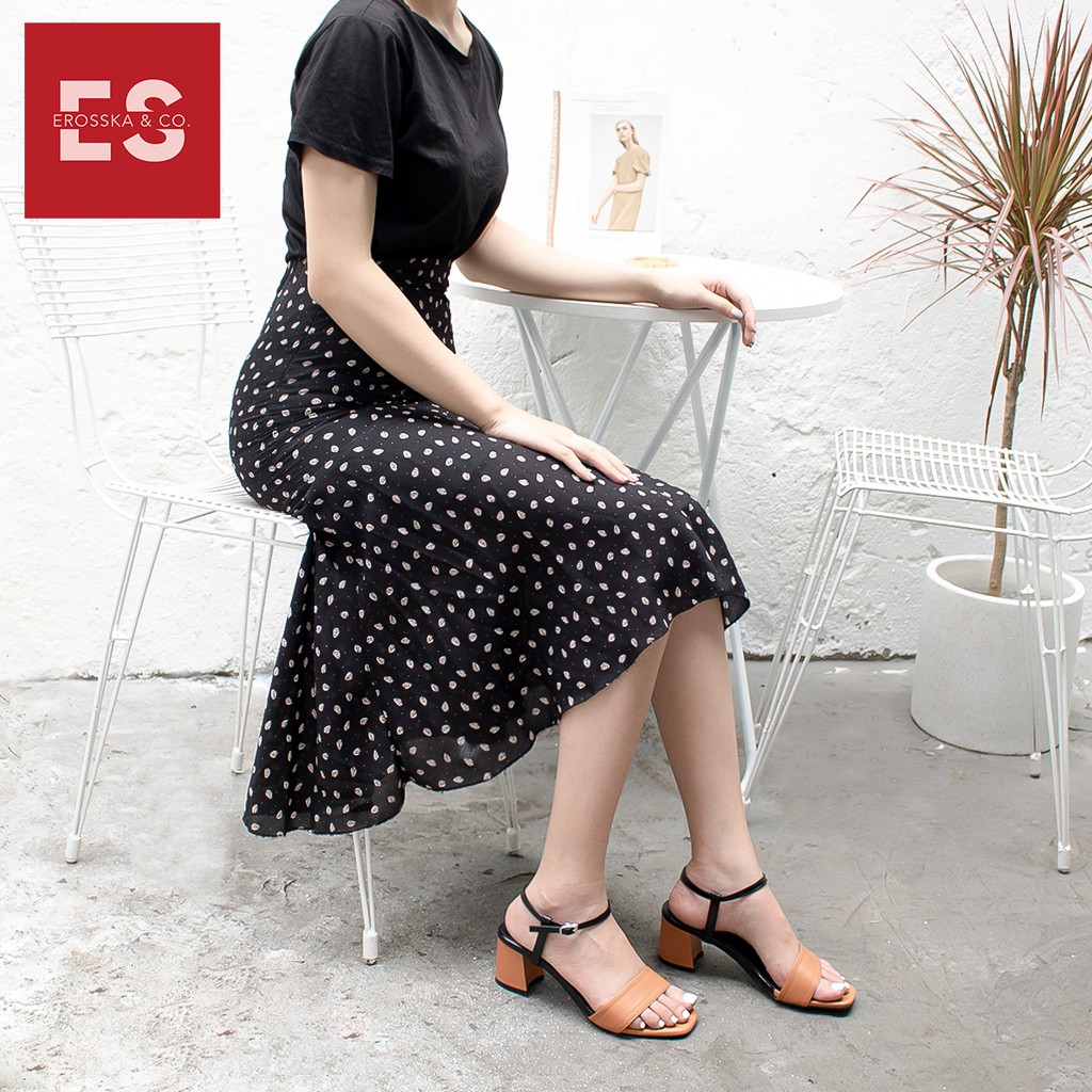 Giày sandal cao gót Erosska mũi vuông phối quai cao 5cm màu bò - EB030