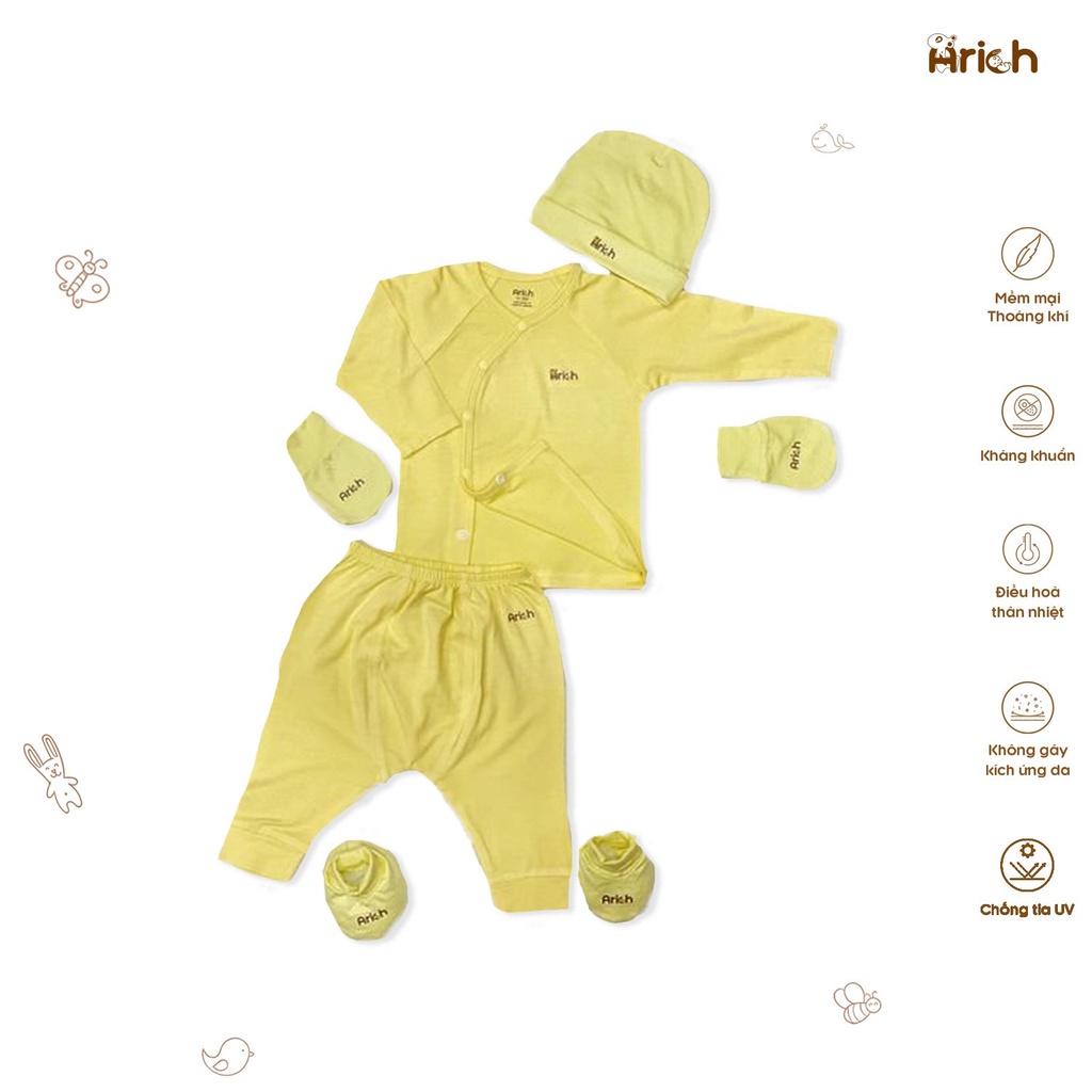Set gồm quần áo cài lệch Arich - mũ Arich - bao tay bao chân Arich size newborn