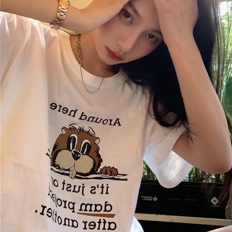 NRVP Áo Thun Nữ Ngắn Tay In Chữ Phong Cách Hàn Quốc