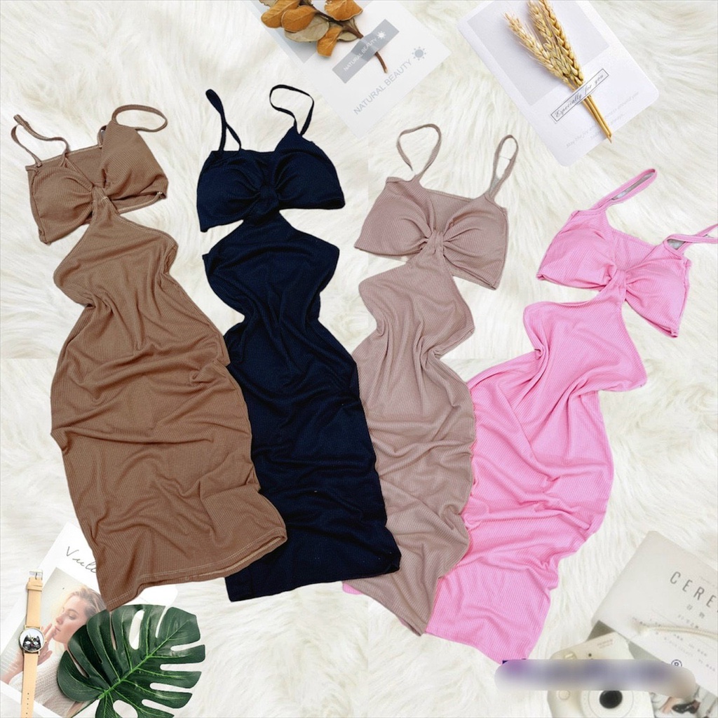 đầm 2 dây cột ngực khoét  hở 2 bên eo sexy thun gân có mút lk