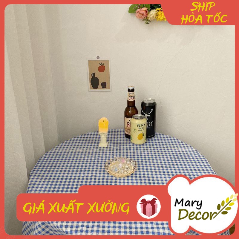 Khăn trải bàn ăn Mary Decor bằng vải lanh cotton chống bụi - caro xanh blue KB-I03