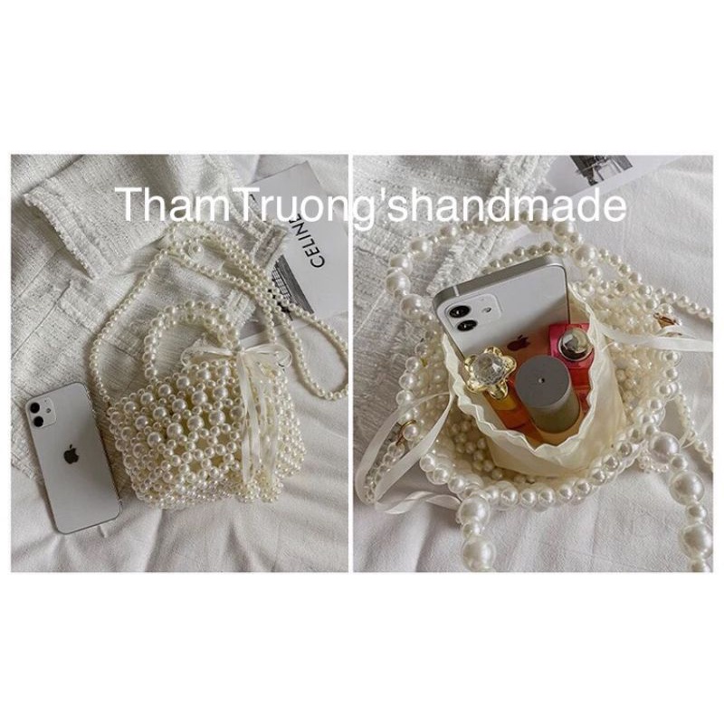 Túi đeo chéo/ xách tay kết hạt cườm giả ngọc trai handmade xinh xẻo