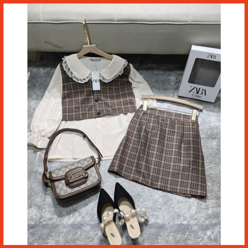 Sale Set Đồ Nữ Áo Sơ Mi Kem Mix Set Váy Ghile Caro Thiết Kế Công Sở Đi Chơi Đi Học Kiểu Dáng Hàn Quốc 🔥FREESHIP+ GIÁ SỈ