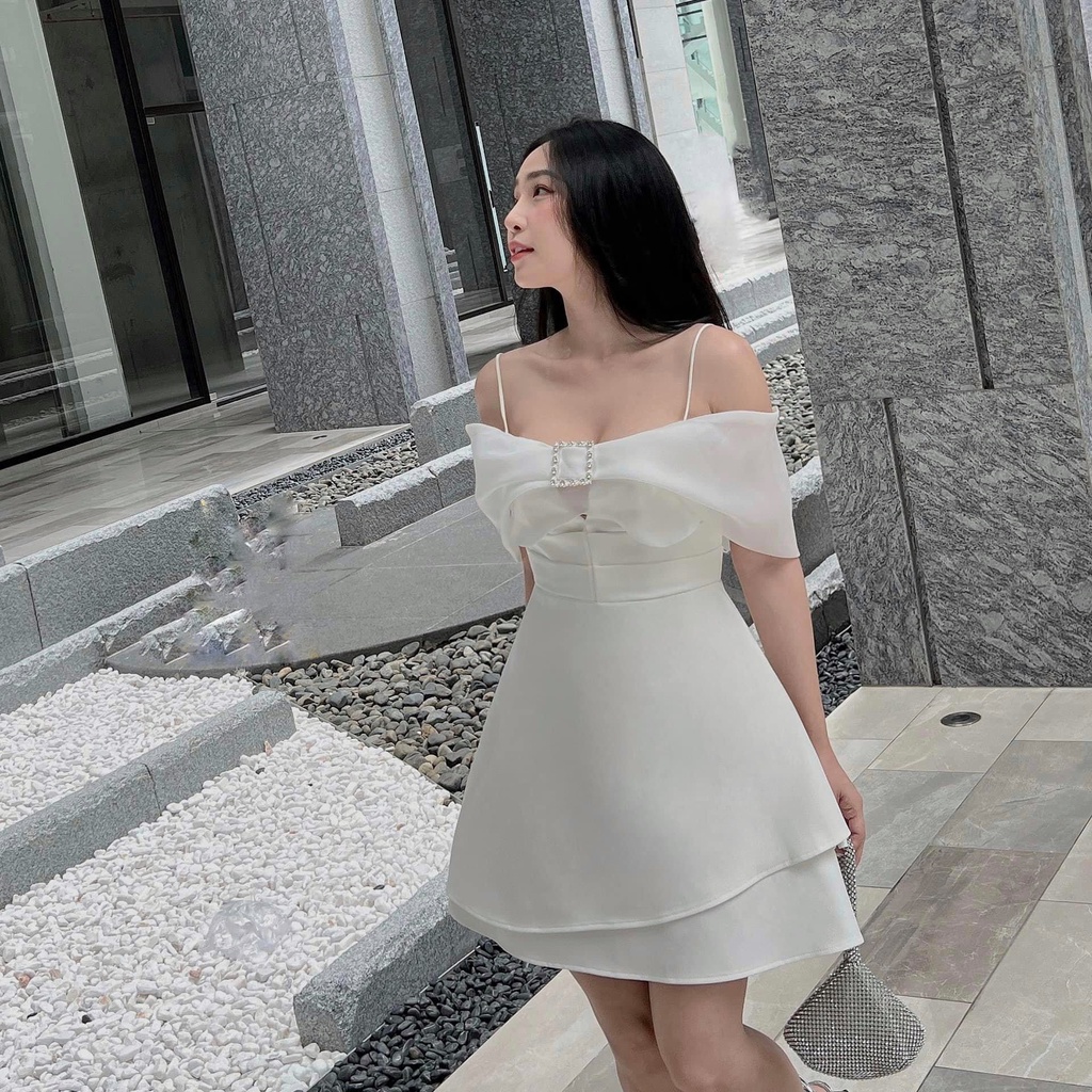 Đầm xoè nơ phối tơ trễ vai - - Ꮯɦ𝚊̂́ȶ Ꮮɨ𝚎̣̂𝚞: phi mờ phối tơ + lót lụa 𝙵𝚛𝚎𝚎 𝚜𝚒𝚣𝚎 𝚏𝚘𝚛𝚖