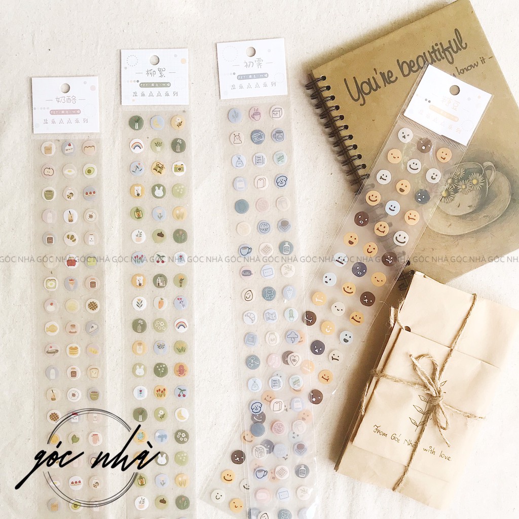 Sticker nhãn dán chấm tròn nhỏ hình cảm xúc hoa lá đồ ăn cute trang trí sổ decor tường ốp điện thoại gocnha ST025