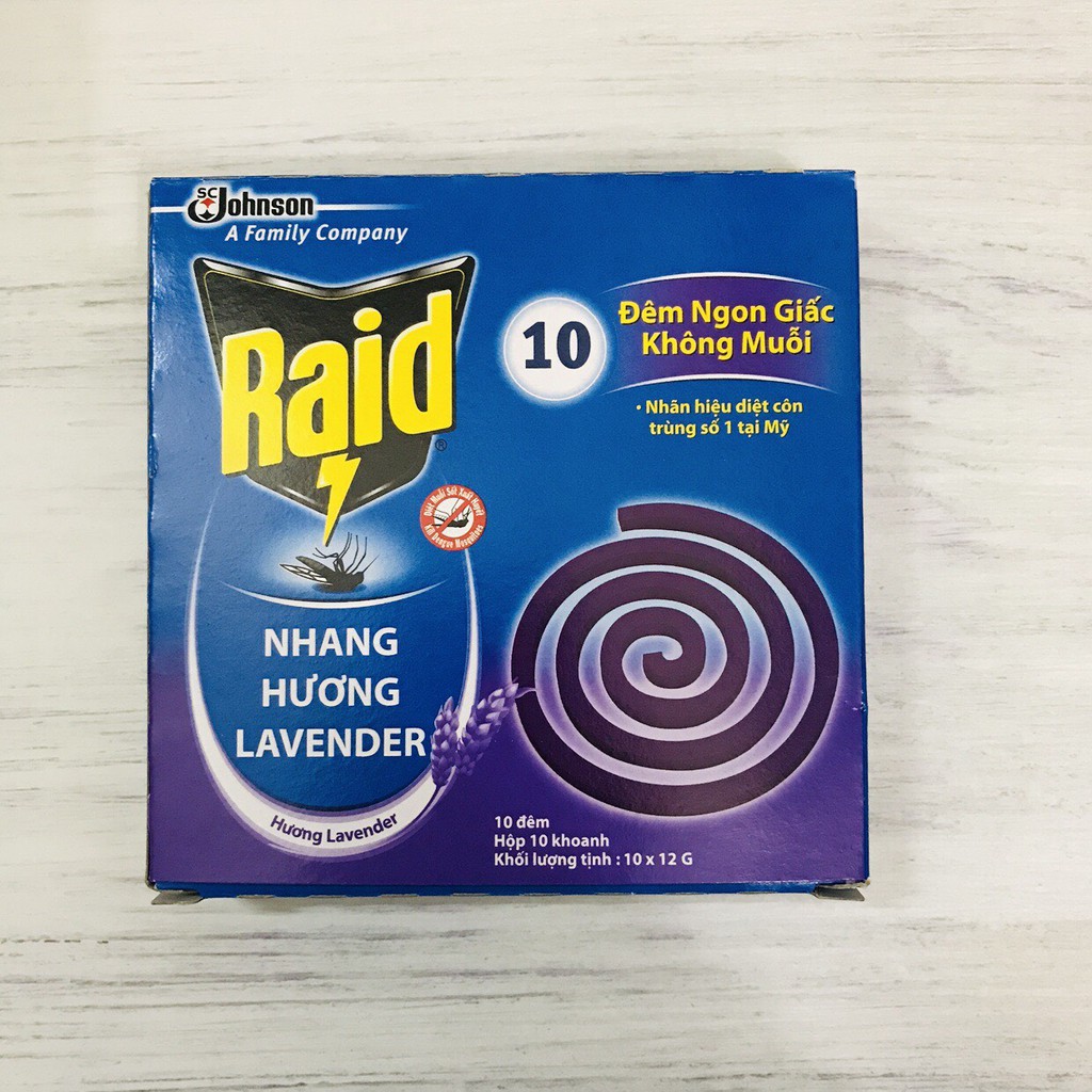 Nhang Thơm Đuổi Muỗi RAID Hương Lavender( 1 Hộp 10 Khoanh)