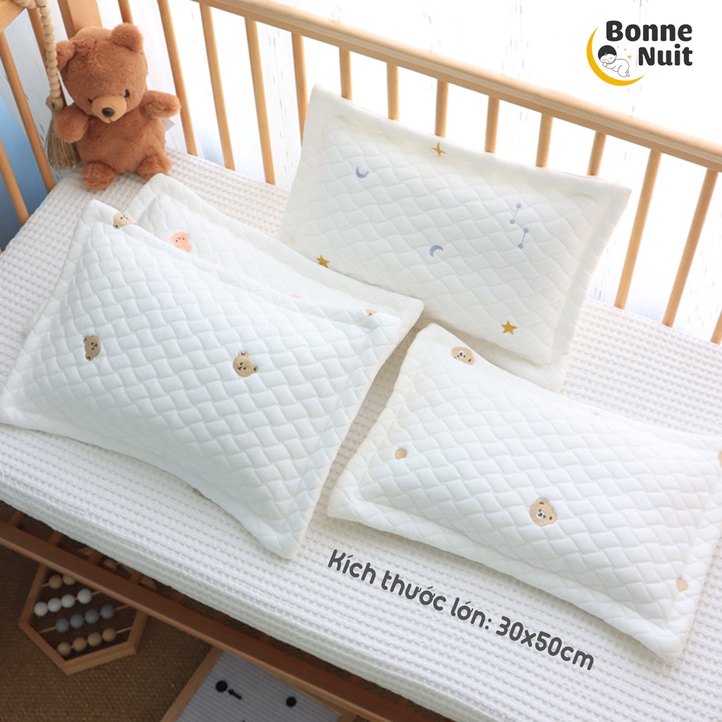 Gối nằm chữ nhật 30*50cm Cotton gân nổi hoạt tiết thêu cho bé 0-5 tuổi