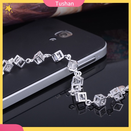 Vòng tay mạ bạc đính đá hình khối lập phương thời trang cho nữ