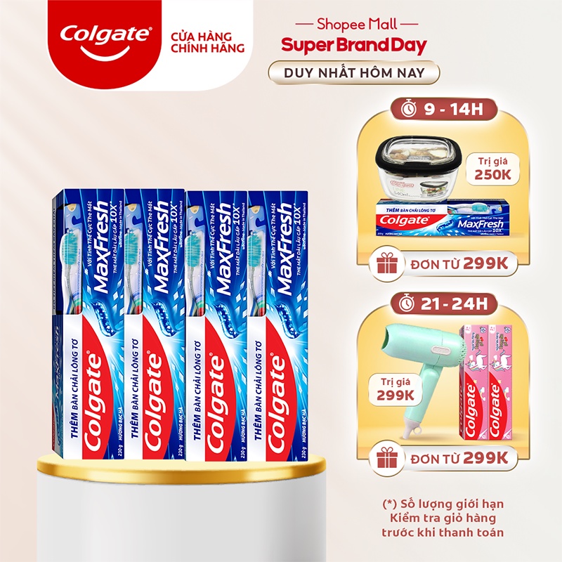 [Mã FMCGCOL giảm 8% đơn 250K] Bộ 4 Kem đánh răng Colgate Maxfresh bạc hà 230g tặng bàn chải