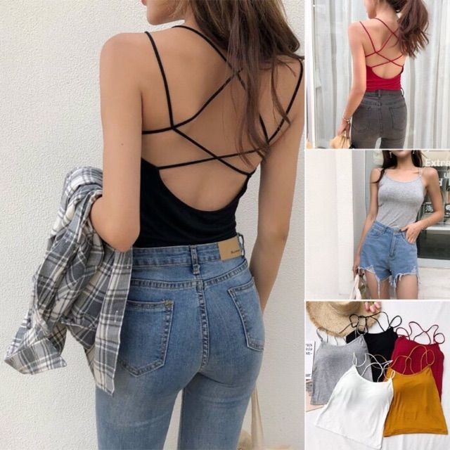 Áo croptop chéo lưng cotton, đệm mút liền 2 trong 1