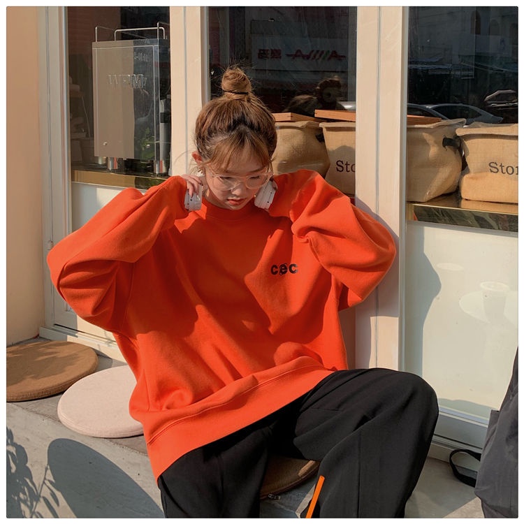 COZOK Áo sweater cổ tròn dáng rộng in chữ đơn giản phong cách Hàn Quốc thời trang
