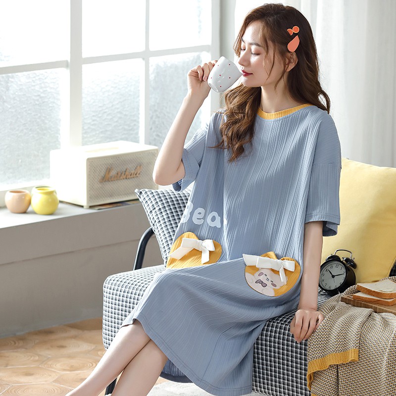Đầm Ngủ Ngắn Tay In Họa Tiết Hoạt Hình Phong Cách Hàn Quốc Cho Nữ