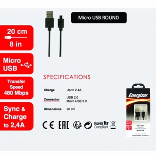 [Freeship toàn quốc từ 50k] Cáp sạc Energizer Micro-USB tròn dài 20cm cho Android (Đen)