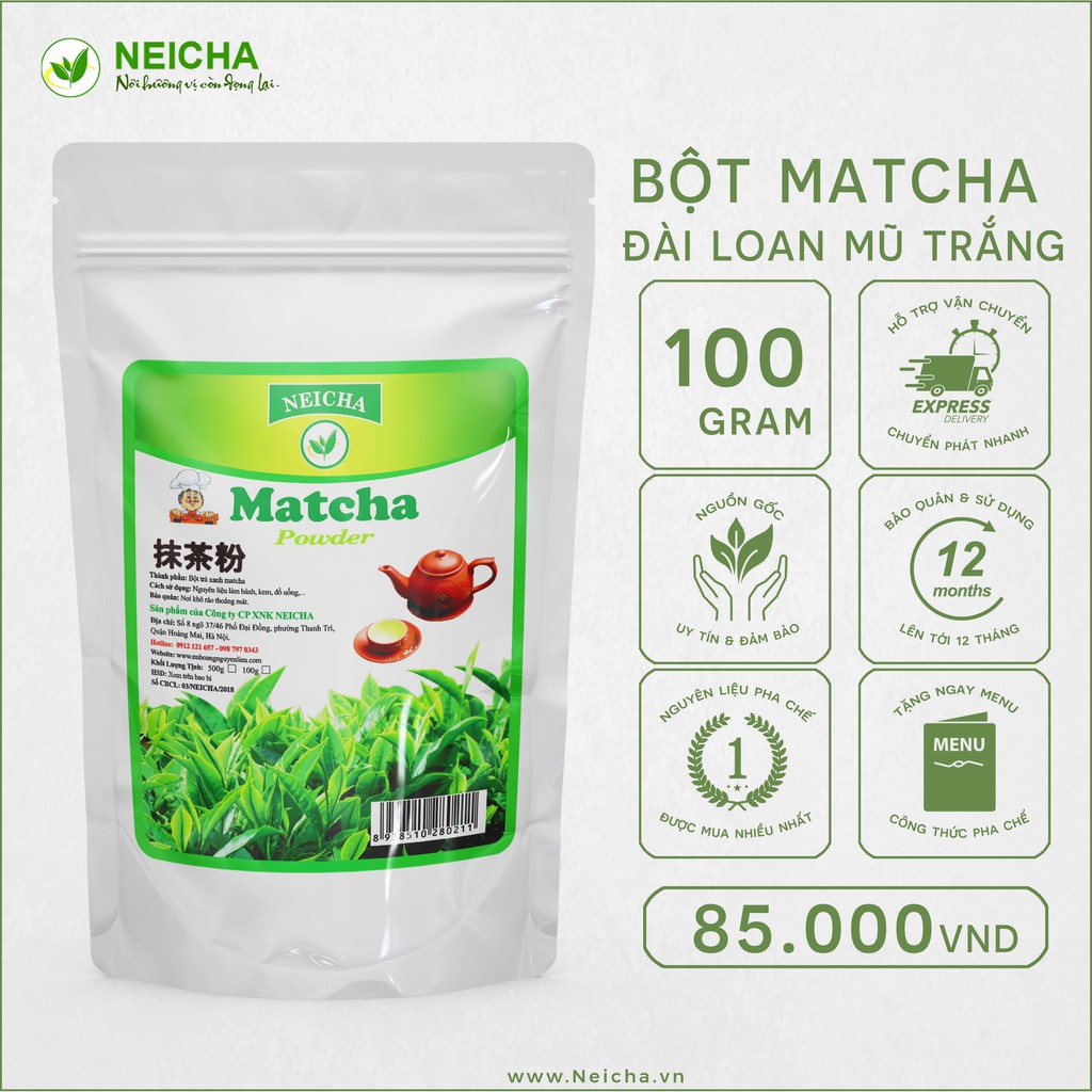 Bột Trà Xanh Matcha, Bột Matcha Mũ Trắng Đài Loan Cao Cấp Neicha ( 100G )