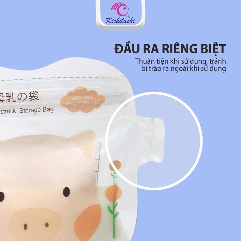 Hộp 30 Túi trữ sữa CẢM BIẾN NHIỆT Kichilachi 200ml có vòi rót tiện lợi hình chú heo con
