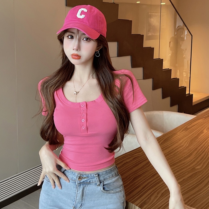 Áo Thun Tay Ngắn Cổ Vuông Màu Sắc Ngọt Ngào Thời Trang Cho Nữ