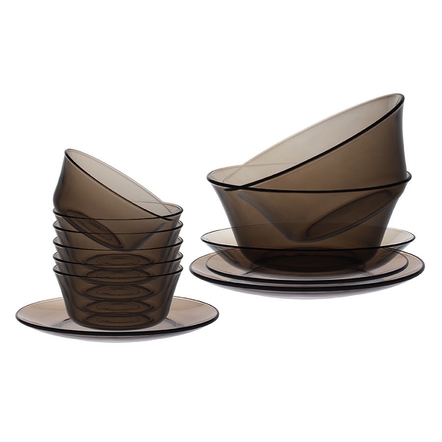 Bộ tô chén dĩa thủy tinh cường lực cao cấp 12 món D7012LC - Lys Nâu Khói Creole