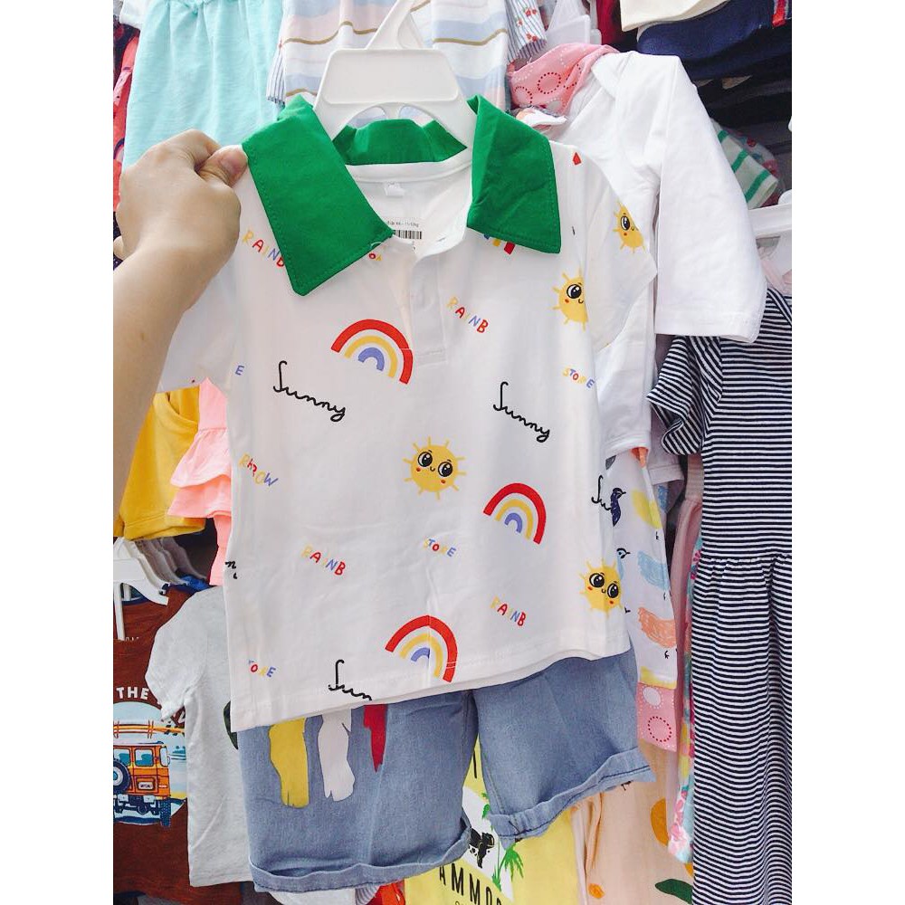 Bộ cổ lật cotton bé trai cổ xanh cầu vồng