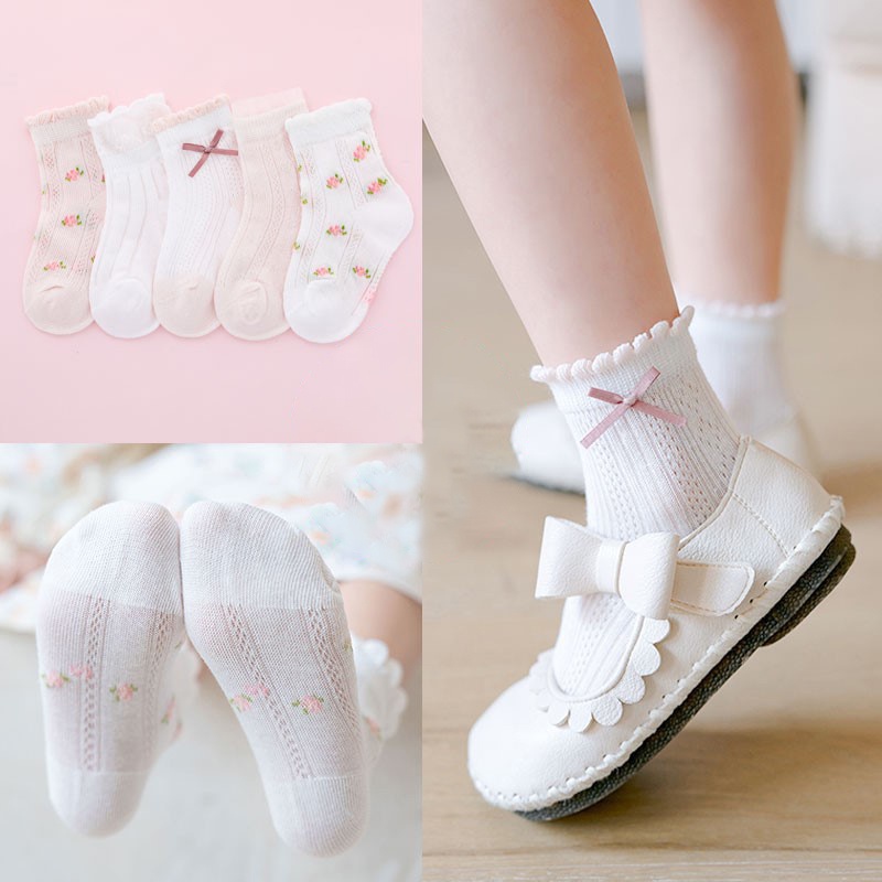 Set 5 Đôi Tất Lưới Thoáng Khí In Họa Tiết Hoạt Hình Dễ Thương Cho Bé 0-2 Tuổi