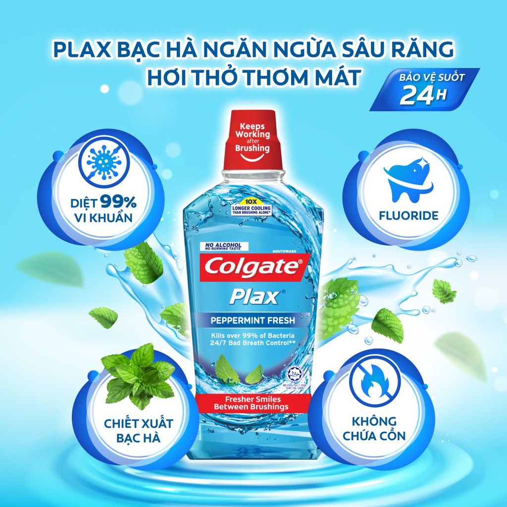 [Mã COSCOLL12 giảm 10% đơn 150K] Bộ 2 chai nước súc miệng Colgate kháng 99% vi khuẩn Plax bạc hà 500ml/chai