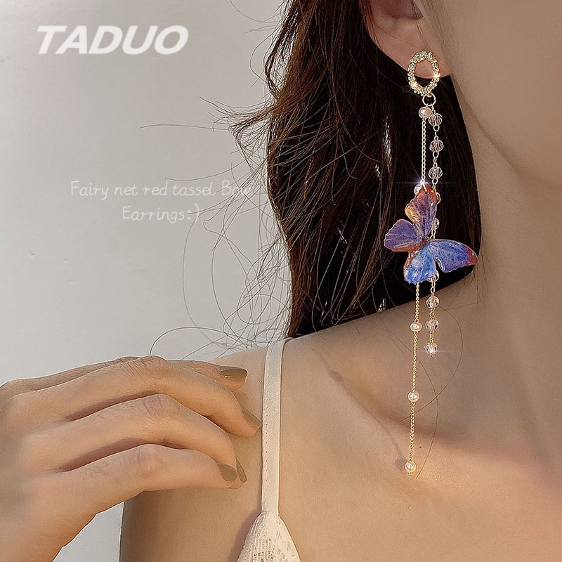 Bông Tai Dài Tua Rua Hình Bướm Đính Đá Xanh Dương Thời Trang Mùa Hè Cho Nữ