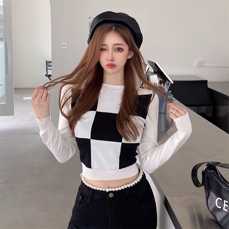 Áo Dệt Kim Tay Dài Dáng Ngắn Họa Tiết Sọc Caro Phong Cách Retro