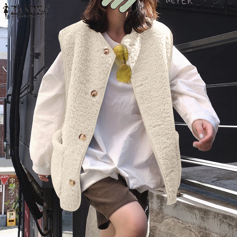 Áo khoác ZANZEA sát nách cổ tròn có hàng nút phía trước thiết kế đơn giản thời trang mùa đông cho nữ | BigBuy360 - bigbuy360.vn