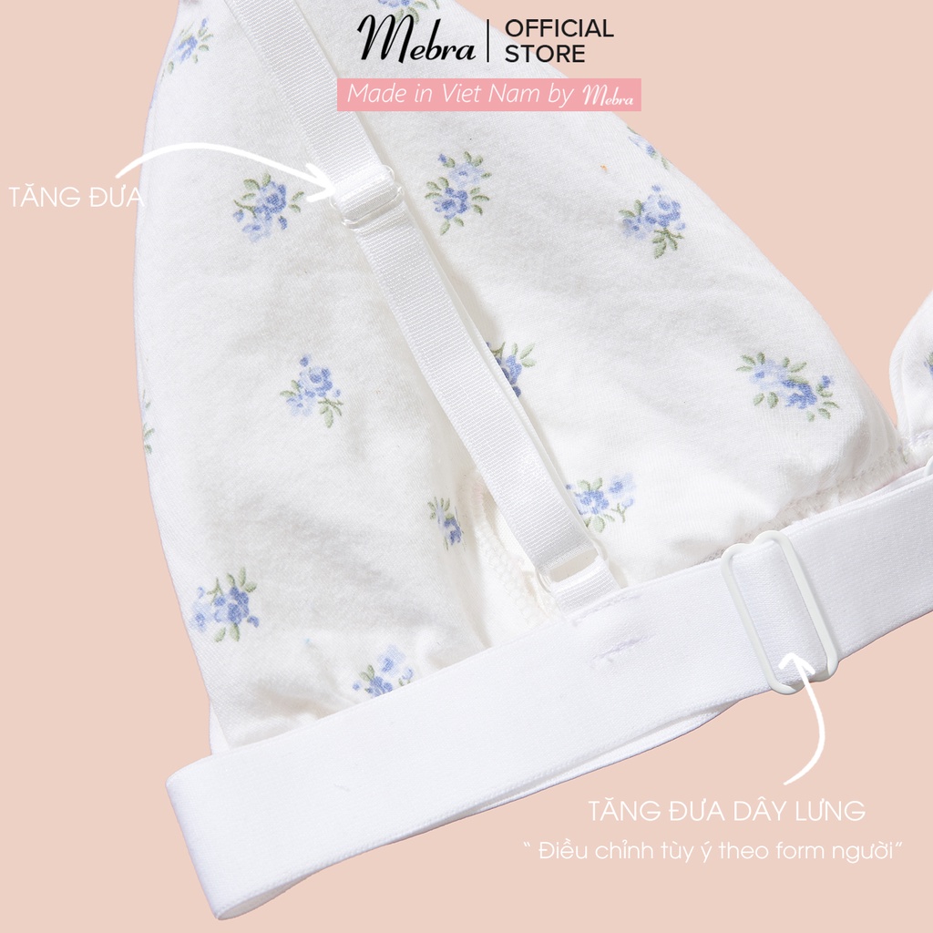 Áo ngực bra nữ cotton kháng khuẩn không gọng không đệm tặng kèm mút mỏng trắng hoa xanh rời mát mẻ thoáng khí Mebra A001