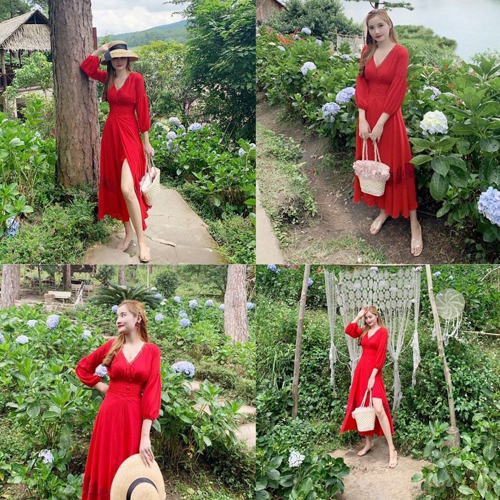 Đầm váy maxi nữ đỏ phối ren sẻ tà công chúa tiểu thư dáng dài đi biển chụp hình kỉ yếu nàng thơ cá tính xinh đẹp Hà Kiều