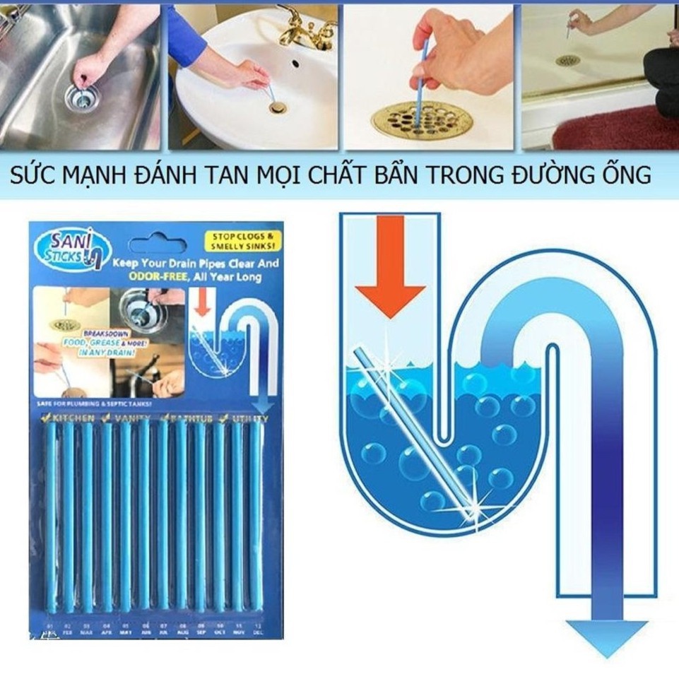 Que Chống Tắc Bồn Rửa Chén Bát, Rửa Mặt, Bồn Cầu SANI STICKS Vĩ 12Que - Loại Bỏ Cặn Bẩn, Thông Đường Ống Thoát Nước