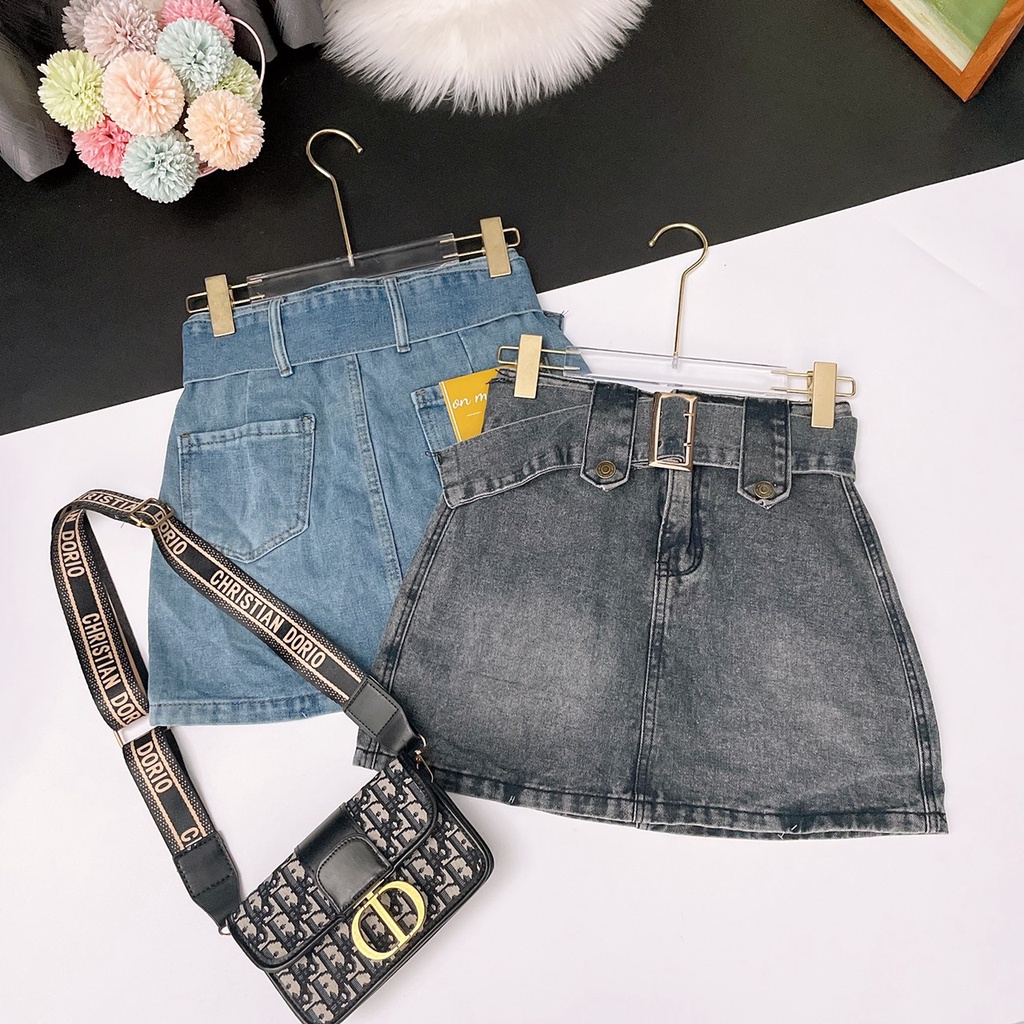 Chân Váy Bò Kèm Đai Bản To Nữ -Skirt jean dáng ngắn thiết kế thắt lưng cá tính có quần hàn quốc Về 2 màu xanh, khói