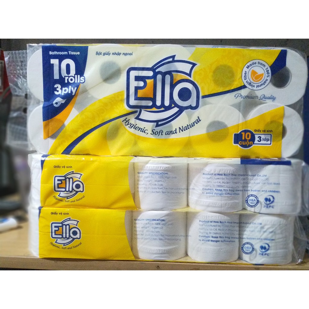 Giấy vệ sinh cao cấp Ella 10 cuộn 3 lớp, Có Lõi và Không Lõi, 400 tờ / cuộn, Trắng, Dai, Mềm Mịn và Tan Nhanh Trong Nước