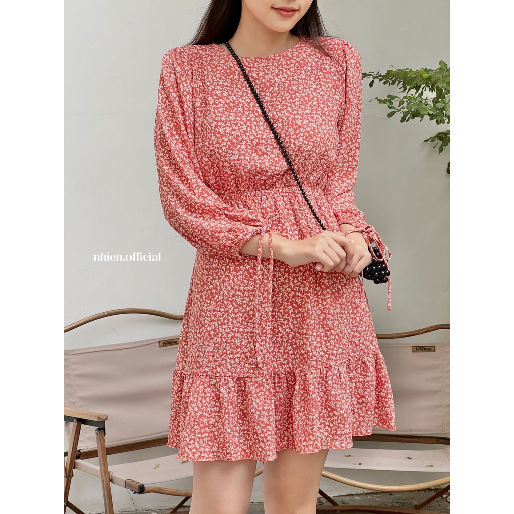 Đầm hoa nhí nữ nơ tay chun eo Nhienvintage BD10