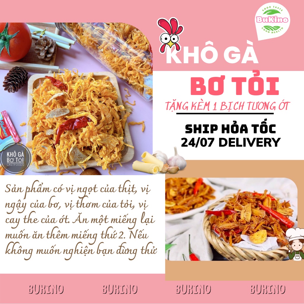 Khô gà bơ tỏi BUKINO, đóng hũ pet 200gr, đồ ăn vặt gà khô ngon rẻ an toàn vệ sinh Hà Nội, ship hỏa tốc