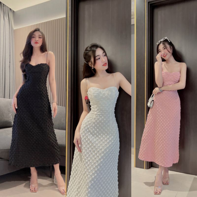 Đầm Dự Tiệc Ms.1020 Đầm Hai Dây Dáng Maxi Dài Cúp Ngực Chất Xốp Kẻ Ô Nổi, Dày Dặn, 3 Tone Màu Basic, Kèm Hình Thật