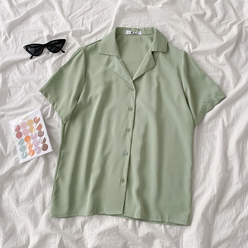 NUZIRO  Áo Sơ Mi Tay Ngắn Màu Sắc Đơn Giản Phong Cách Retro