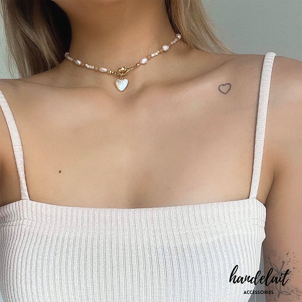 Vòng Cổ Moora Handelait Đính Đá Thủy Tinh Hạt Cườm Mặt Trái Tim Vỏ Xà Cừ Màu Beige Trung Tính Thanh Lịch