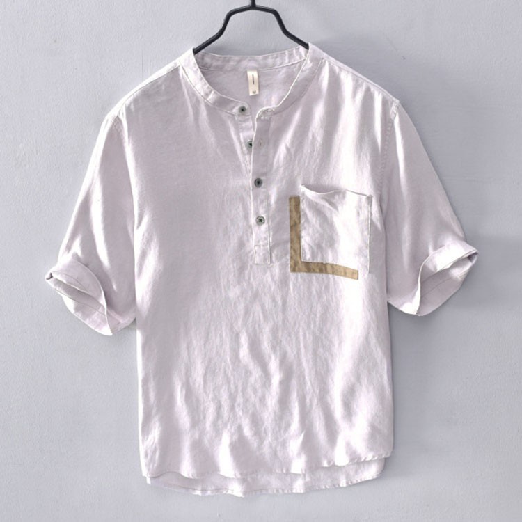 Áo sơ mi nam cổ tầu linen mẫu túi ngực pha vải trẻ trung, thời trang phong cách lịch lãm