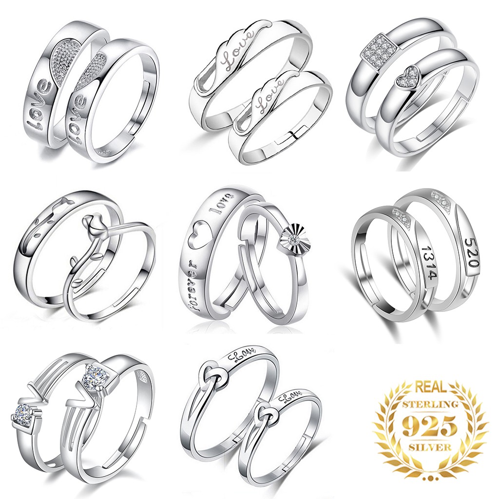 925 Nhẫn Đôi Nhẫn Cặp Bạc Hình Trái Tim Nam Nữ Nhẫn Có Thể Điều Chỉnh Trang Sức