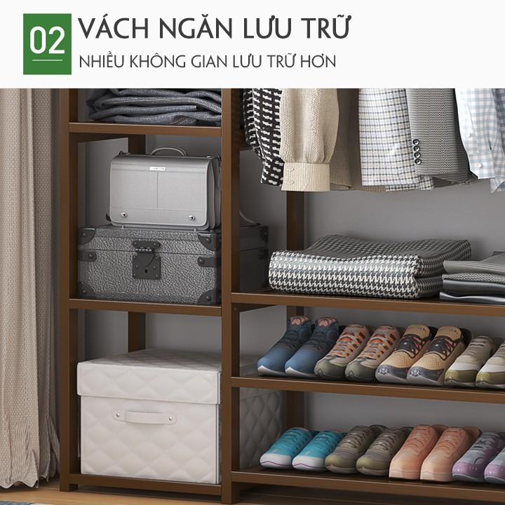 Sẵn Hàng - Tủ quần áo trống khung gỗ tre tự nhiên 150x30x150, giá gỗ treo quần áo đẹp Kore Sport