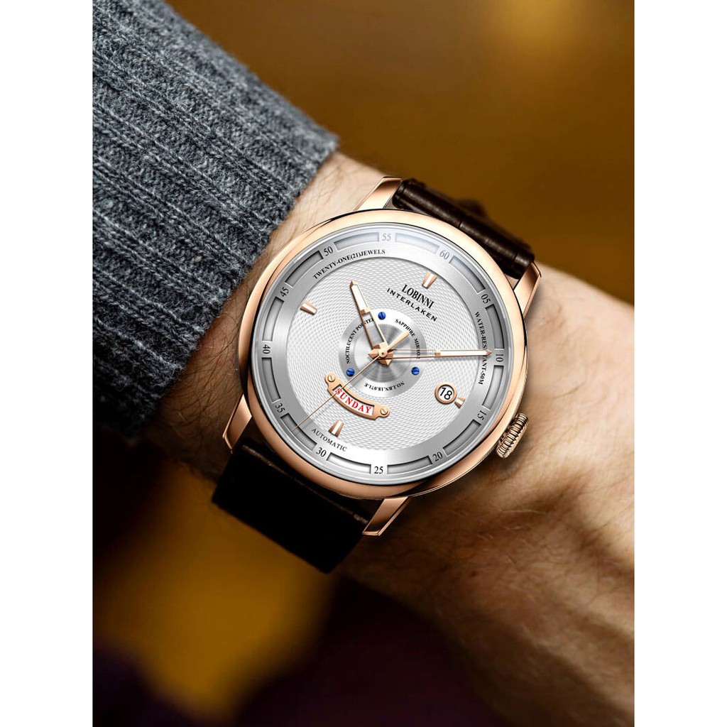 Đồng hồ nam chính hãng LOBINNI L18071-1 Kính sapphire,chống xước,Chống nước,BH 24 tháng,Máy cơ  ,dây da xịn