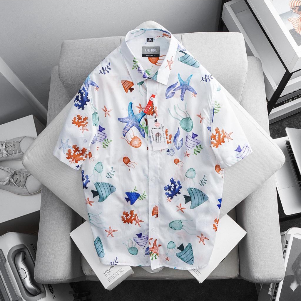 Áo sơmi họa tiết hoa lá cành mặc tập thể đi biển chất vải cotton siêu mềm siêu đẹp , màu đẹp thấm hút tốt ❤️ SMEH3