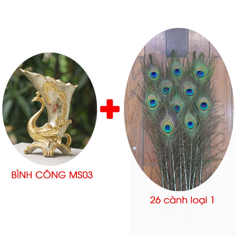 Bình con công và 26 cành lông công phong thủy loại đẹp