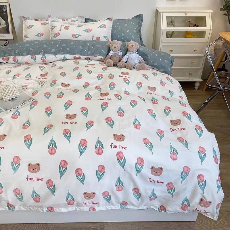 Bộ Grap Giường Vỏ Chăn 5 Món (Hình Thật) Hoa Hồng Trắng Xinh Đẹp M2*2M-M4*2M- M6*2M-M8*2M