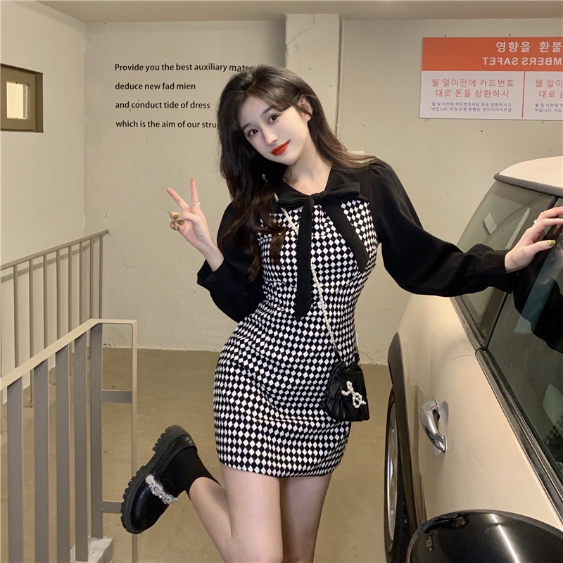 Đầm Perty dáng ôm in sọc caro phong cách Hàn Quốc thời trang mùa thu dành cho nữ