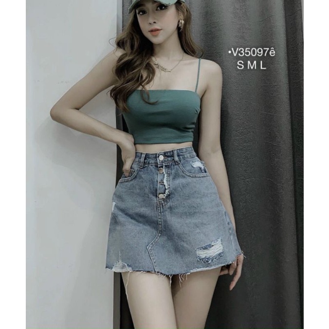 QUẦN GIÁ VÁY NỮ CHÂN VÁY JEANS RÁCH FORM A LƯNG CAO 4 NÚT KÈM QUẦN TRONG