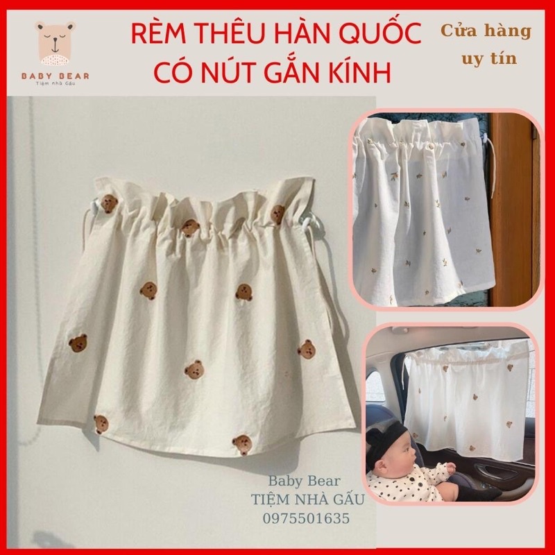 Rèm ô tô che nắng Phong Cách Hàn Quốc thêu hình gấu oliu và tuylip loại dày chắn nắng hàng xuất dư có kèm nút gắn